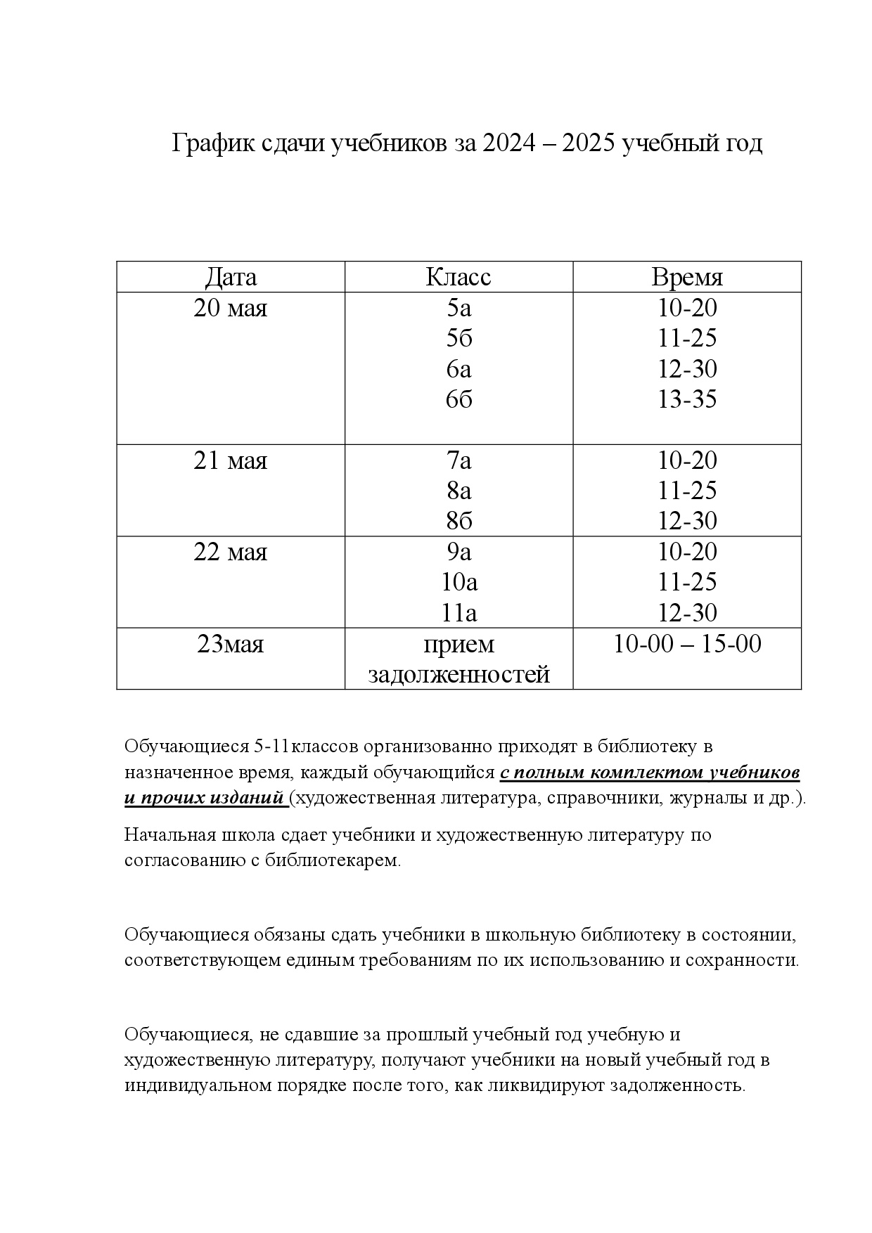 График сдачи учебников за 2024-2025 График сдачи учебников за 2024-2025